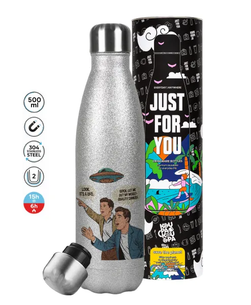 Look! It's a UFO — Metallic Glitter Silver Thermos Flask (Stainless steel), double-walled, 500ml