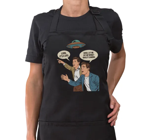 Look! It's a UFO — Black full-length chef's cooking apron with pockets (adult)