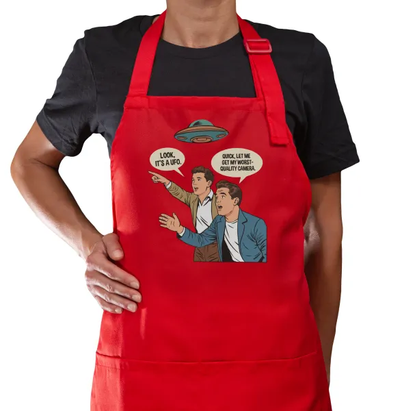 Look! It's a UFO — Red cooking apron with pockets (adult)