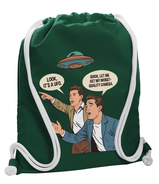 Look! It's a UFO — Τσάντα πλάτης πουγκί GYMBAG BOTTLE GREEN, με τσέπη (40x48cm) & χονδρά λευκά κορδόνια