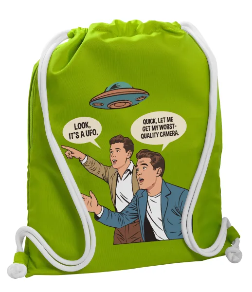 Look! It's a UFO — Backpack bag GYMBAG LIME GREEN, with pocket (40x48cm) & thick cords