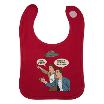 Look! It's a UFO, Σαλιάρα με Σκρατς Κόκκινη 100% Organic Cotton (0-18 months)