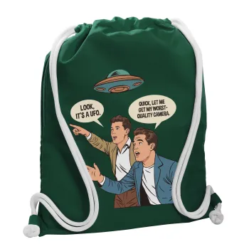 Look! It's a UFO, Τσάντα πλάτης πουγκί GYMBAG BOTTLE GREEN, με τσέπη (40x48cm) & χονδρά λευκά κορδόνια