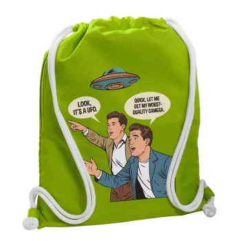 Look! It's a UFO, Τσάντα πλάτης πουγκί GYMBAG LIME GREEN, με τσέπη (40x48cm) & χονδρά κορδόνια
