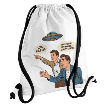 Look! It's a UFO, Τσάντα πλάτης πουγκί GYMBAG λευκή, με τσέπη (40x48cm) & χονδρά κορδόνια