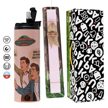 Look! It's a UFO, Πασχαλινή Λαμπάδα με  ΡΟΖ Travel Tumbler θερμό (600ml, BPA free) & κερί αρωματικό πλακέ (30cm) (ΡΟΖ)