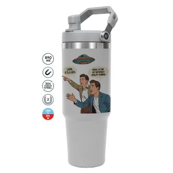 Look! It's a UFO, ΓΚΡΙ Travel Tumbler Θερμός με χερούλι και καλαμάκι 890ml