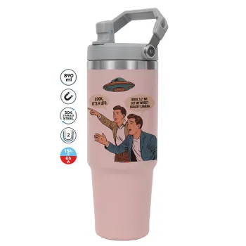 Look! It's a UFO, ΡΟΖ Travel Tumbler Θερμός με χερούλι και καλαμάκι 890ml
