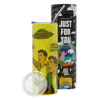 Look! It's a UFO, Neon Yellow Travel Tumbler θερμό, μεταλλικό καλαμάκι(Ανωξείδωτο 304 Food grade, BPA free, 600ml)