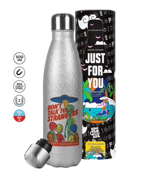 Don't Talk to Strangers — Metallic Glitter Silver Thermos Flask (Stainless steel), double-walled, 500ml
