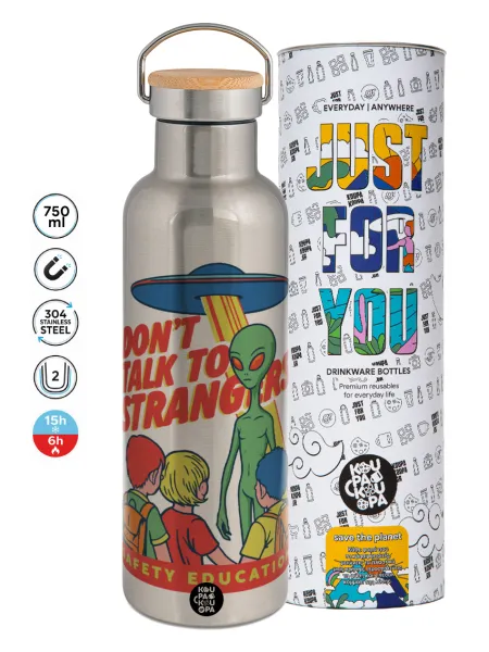 Don't Talk to Strangers — Stainless steel Silver with wooden lid (bamboo), double wall, 750ml