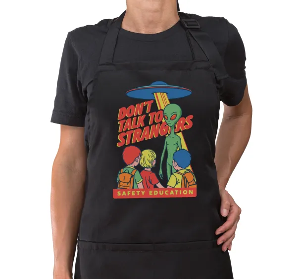 Don't Talk to Strangers — Black full-length chef's cooking apron with pockets (adult)