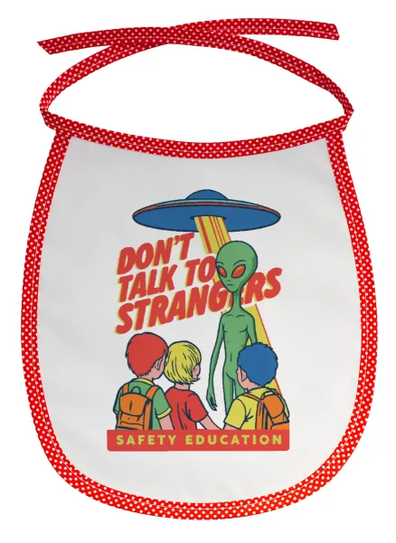 Don't Talk to Strangers — Stain-resistant baby bib with tie, red