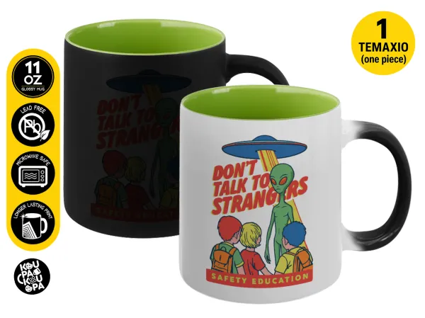 Don't Talk to Strangers — Magic mug with green interior, ceramic, 330ml, changes colour with hot drinks