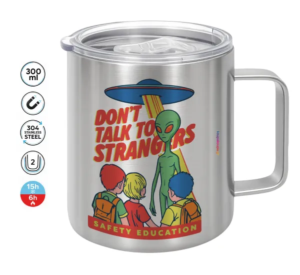 Don't Talk to Strangers — Double-walled stainless steel mug 300ml with temperature-retaining lid