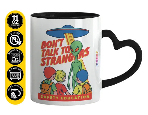 Don't Talk to Strangers — Κούπα καρδιά χερούλι μαύρη, κεραμική, 330ml