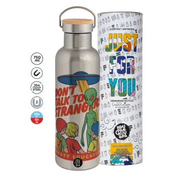 Don't Talk to Strangers, Alien, Μεταλλικό παγούρι θερμός (Stainless steel) Ασημένιο με ξύλινο καπακι (bamboo), διπλού τοιχώματος, 750ml