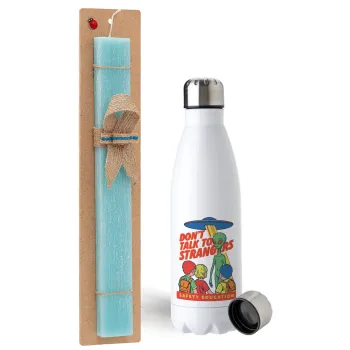 Don't Talk to Strangers, Alien, Easter Set, metallic stainless steel water bottle (750ml) & aromatic flat Easter candle (30cm) (TURQUOISE)