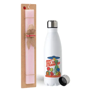 Don't Talk to Strangers, Alien, Easter Set, metallic stainless steel water bottle (750ml) & scented flat Easter candle (30cm) (PINK)