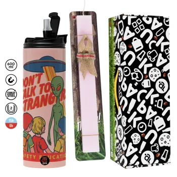 Don't Talk to Strangers, Alien, Πασχαλινή Λαμπάδα με  ΡΟΖ Travel Tumbler θερμό (600ml, BPA free) & κερί αρωματικό πλακέ (30cm) (ΡΟΖ)