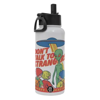 Don't Talk to Strangers, Alien, Μεταλλικό παγούρι θερμός Λευκό με καλαμάκι και χερούλι (Stainless steel), διπλού τοιχώματος, 950ml