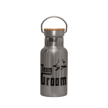 Team Groom, Μεταλλικό παγούρι θερμός (Stainless steel) Ασημένιο με ξύλινο καπακι (bamboo), διπλού τοιχώματος, 350ml