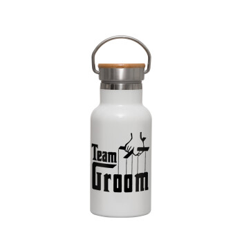 Team Groom, Μεταλλικό παγούρι θερμός (Stainless steel) Λευκό με ξύλινο καπακι (bamboo), διπλού τοιχώματος, 350ml