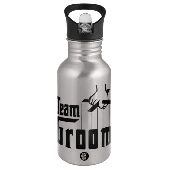 Team Groom, Water bottle Silver with straw, stainless steel 500ml