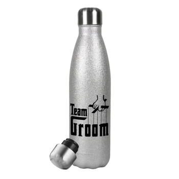Team Groom, Μεταλλικό παγούρι θερμός Glitter Aσημένιο (Stainless steel), διπλού τοιχώματος, 500ml