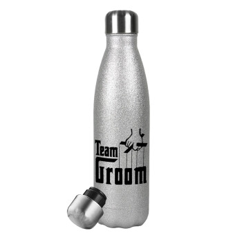 Team Groom, Metallic Glitter Silver Thermos Flask (Stainless steel), double-walled, 500ml