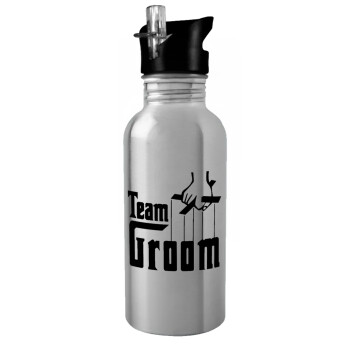 Team Groom, Παγούρι νερού Ασημένιο με καλαμάκι, ανοξείδωτο ατσάλι 600ml
