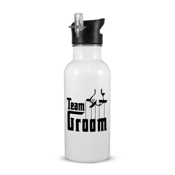 Team Groom, White water bottle with straw, stainless steel 600ml