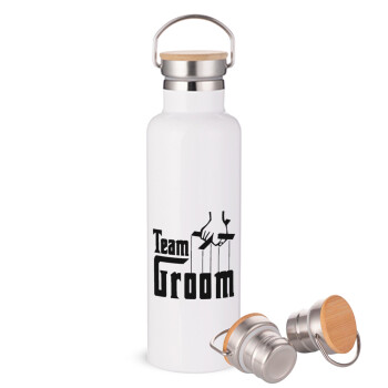 Team Groom, Μεταλλικό παγούρι θερμός (Stainless steel) Λευκό με ξύλινο καπακι (bamboo), διπλού τοιχώματος, 750ml