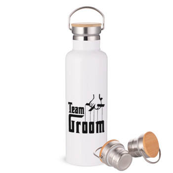 Team Groom, Μεταλλικό παγούρι θερμός (Stainless steel) Λευκό με ξύλινο καπάκι (bamboo), διπλού τοιχώματος, 750ml