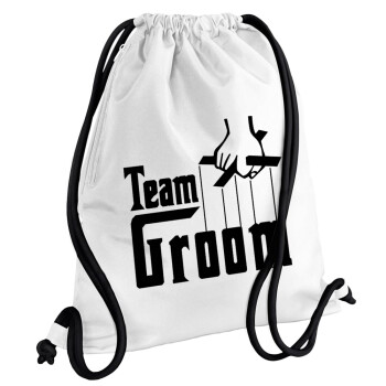 Team Groom, Τσάντα πλάτης πουγκί GYMBAG λευκή, με τσέπη (40x48cm) & χονδρά κορδόνια