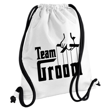 Team Groom, Backpack pouch GYMBAG white, with pocket (40x48cm) & thick cords