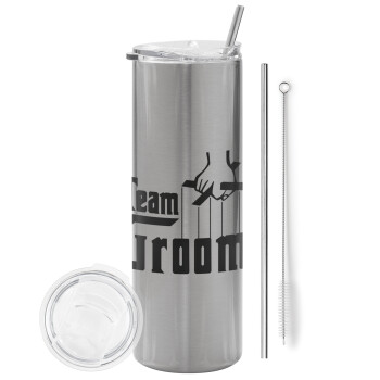 Team Groom, Eco friendly stainless steel Silver tumbler 600ml, with metal straw & cleaning brush