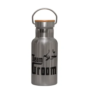 Team Groom, Stainless steel metallic thermos flask, silver with a bamboo lid, double-walled, 350ml.
