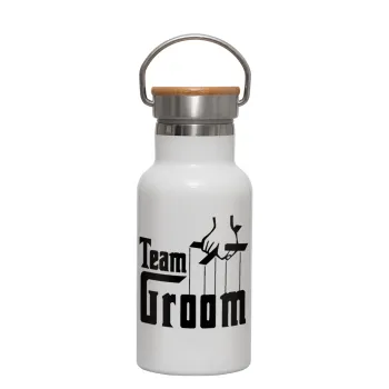Team Groom, Μεταλλικό παγούρι θερμός (Stainless steel) Λευκό με ξύλινο καπακι (bamboo), διπλού τοιχώματος, 350ml