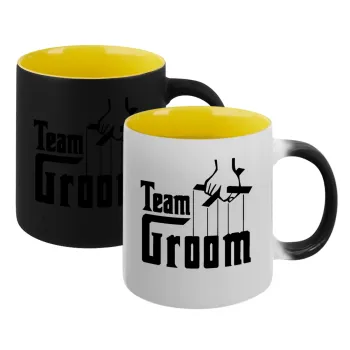 Team Groom, Κούπα Μαγική εσωτερικό κίτρινη, κεραμική 330ml που αλλάζει χρώμα με το ζεστό ρόφημα