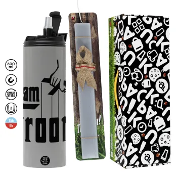 Team Groom, Πασχαλινή Λαμπάδα με Travel Tumbler θερμό (600ml, BPA free) & κερί αρωματικό πλακέ (30cm) (ΓΚΡΙ)