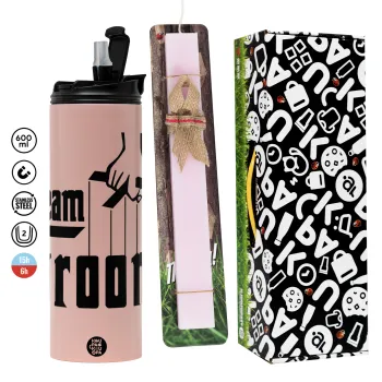 Team Groom, Πασχαλινή Λαμπάδα με  ΡΟΖ Travel Tumbler θερμό (600ml, BPA free) & κερί αρωματικό πλακέ (30cm) (ΡΟΖ)