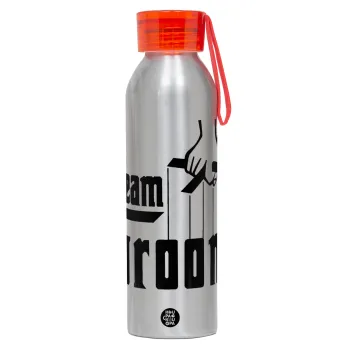 Team Groom, Αλουμινένιο Αθλητικό Μπουκάλι 650ml – Ασημί με Κόκκινο Καπάκι και Λουράκι Σιλικόνης