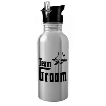Team Groom, Water bottle Silver with straw, stainless steel 600ml