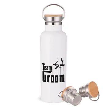 Team Groom, Stainless steel White with wooden lid (bamboo), double wall, 750ml