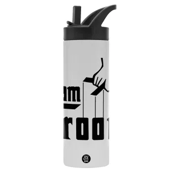 Team Groom, Metallic thermos bottle with straw & handle, stainless steel (Stainless steel 304), double-walled, 600ml.