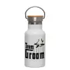 Metallic thermos (Stainless steel) White with wooden lid (bamboo), double-walled, 350ml