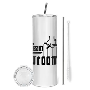 Team Groom, Tumbler ποτήρι θερμό από ανοξείδωτο ατσάλι 600ml, με μεταλλικό καλαμάκι & βούρτσα καθαρισμού