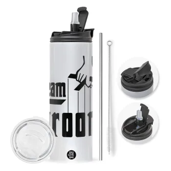 Team Groom, Travel Tumbler θερμό με διπλό καπάκι, μεταλλικό καλαμάκι και βούρτσα καθαρισμού (Ανωξείδωτο 304 Food grade, BPA free, 600ml)