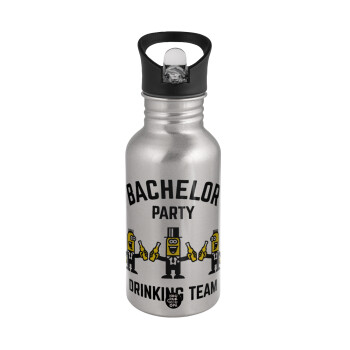 Bachelor Party Drinking Team, Water bottle Silver with straw, stainless steel 500ml